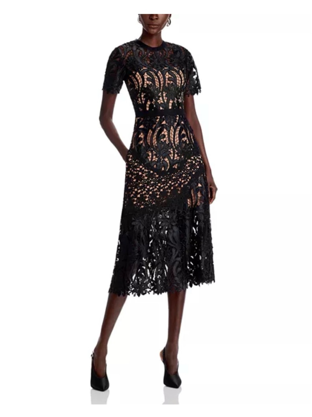 Self Portrait Black Lace Midi Dress with Sheer Insets